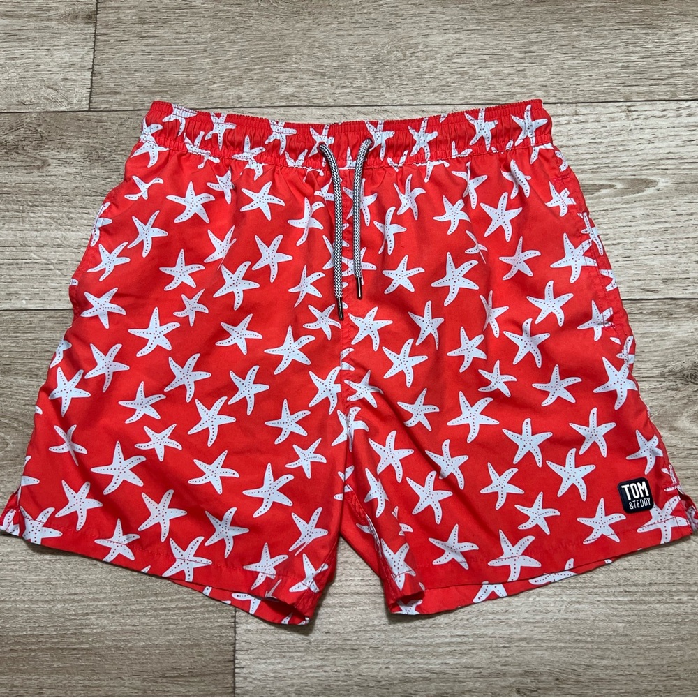 Tom & Teddy Salmon Swim Trunks with White Starfish Print Size M